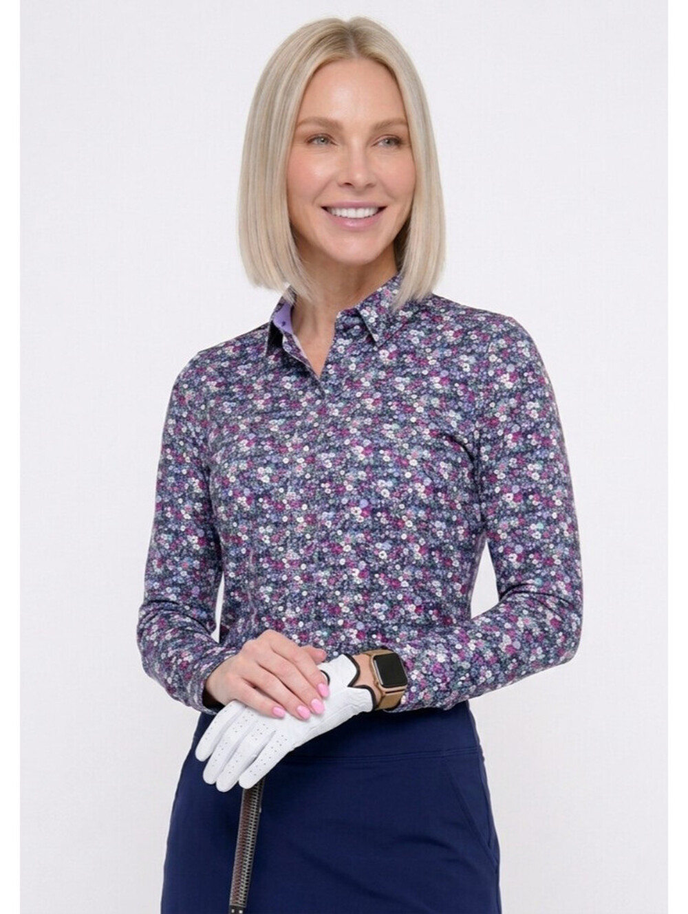 NEW BELYN KEY KATHERINE FLORAL Keystone Long Sleeve Golf Shirt Size LARGE NWT